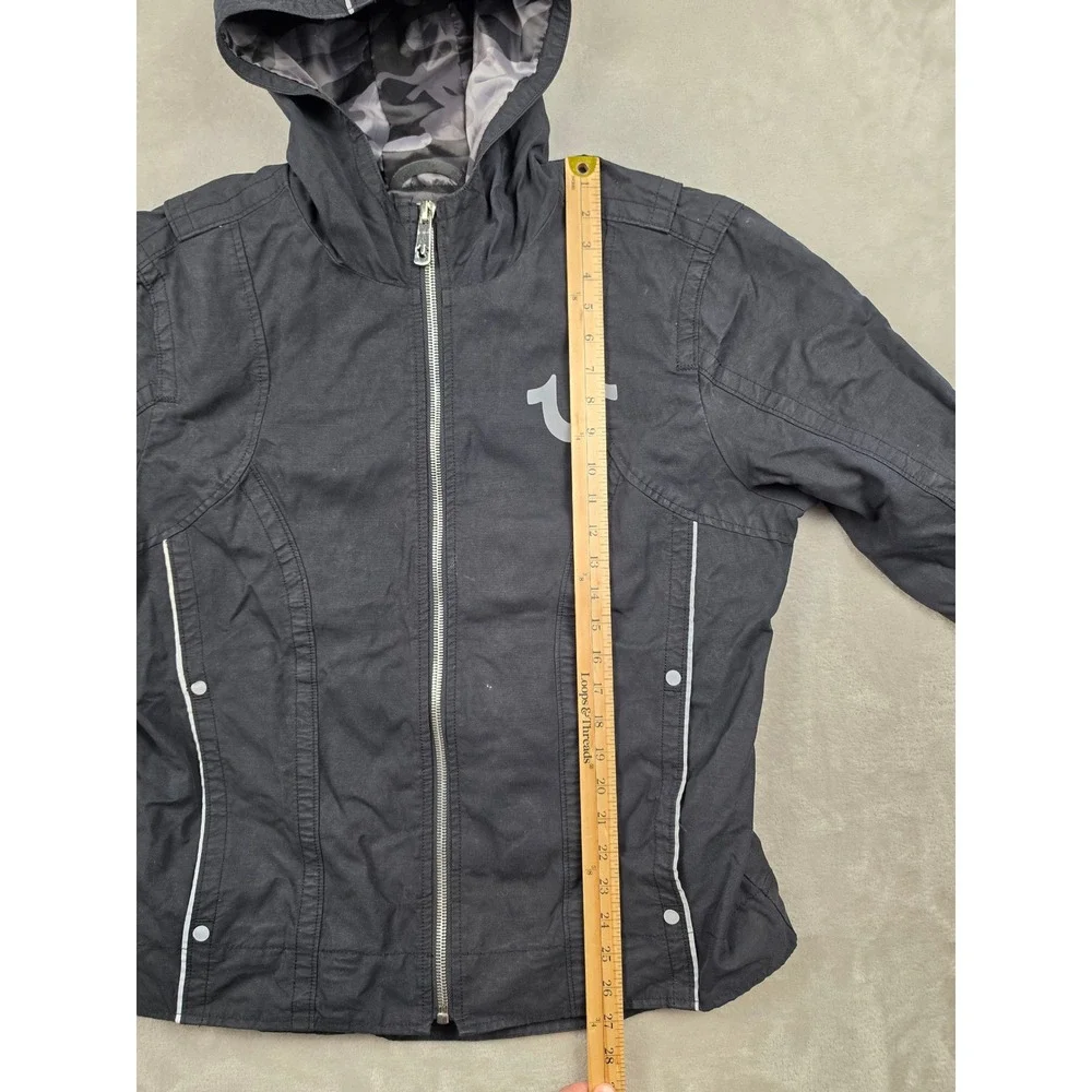 True Religion Moto Jacket‎ Mens Large Black Camo Lined Zip Hood Biker Reflective